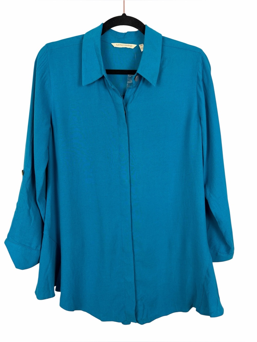 Soft Surroundings Teal Roll-Tab Button-Up Tunic Blouse XS Lyocell Linen NWOT